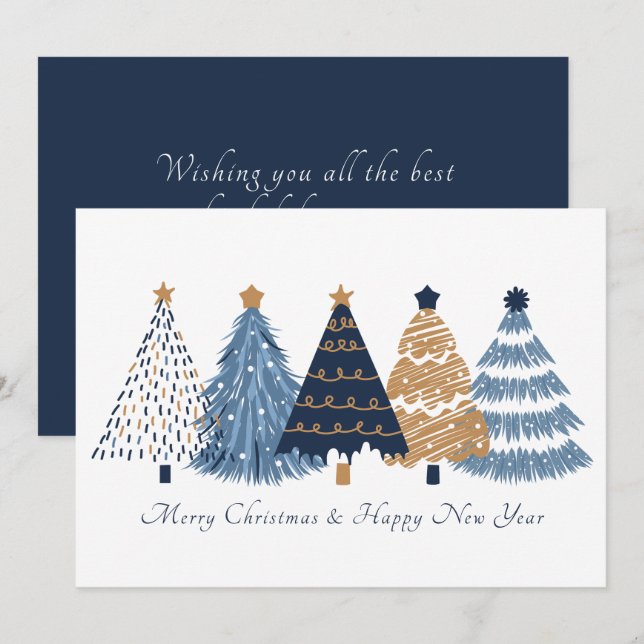 Navy Blue Trees Christmas New Year Holiday Card (Front/Back)