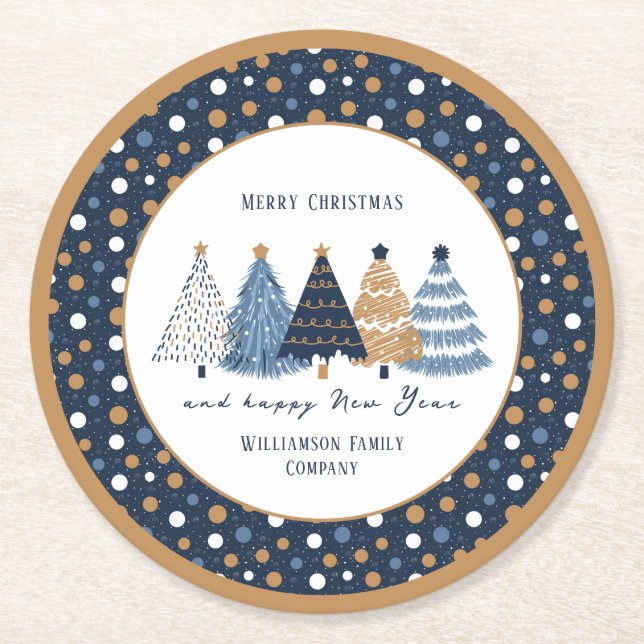 Navy Blue Trees Dots Modern Christmas Holiday Round Paper Coaster (Front)