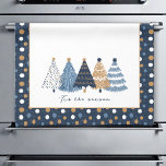 Navy Blue Trees Modern Dots Christmas Name Tea Towel<br><div class="desc">Christmas kitchen towel with modern simple blue Christmas trees and edges with dotted pattern in the same colours. Easily personalise the text - Kate Eden Art</div>