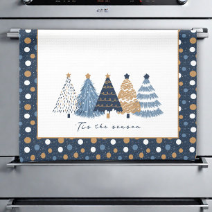 Navy Blue Trees Modern Dots Christmas Name Tea Towel