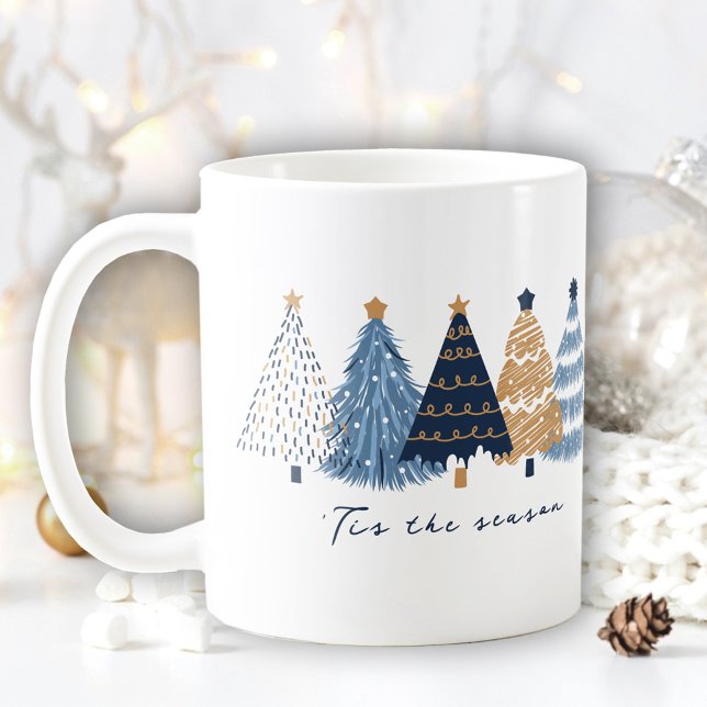 Navy Blue Trees Modern Simple Christmas Name Coffee Mug (Navy Blue Trees Modern Simple Christmas Name Coffee Mug)