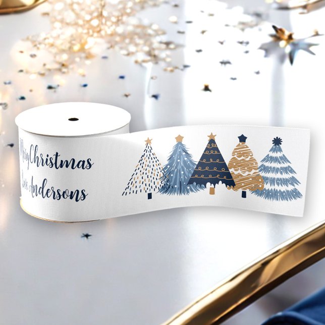 Navy Blue Trees Modern Simple Christmas Name Grosgrain Ribbon (Navy Blue Trees Modern Simple Christmas Name Grosgrain Ribbon)