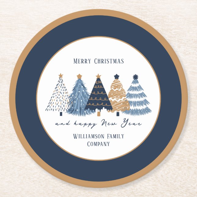 Navy Blue Trees Taxt Modern Christmas Holiday Round Paper Coaster (Front)