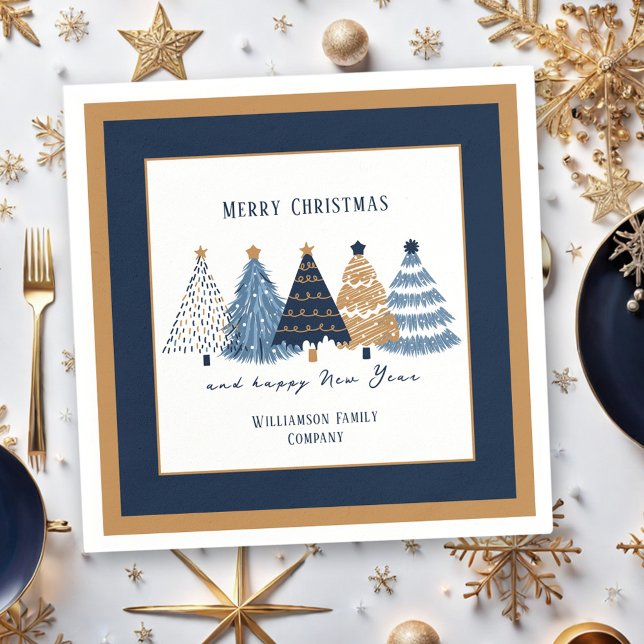 Navy Blue Trees Text Name Modern Christmas Holiday Napkin (Navy Blue Trees Text Name Modern Christmas Holiday Napkins)