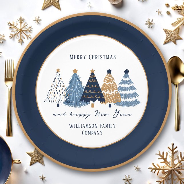Navy Blue Trees Text Name Modern Christmas Holiday Paper Plate (Navy Blue Trees Taxt Modern Christmas Holiday Paper Plates)