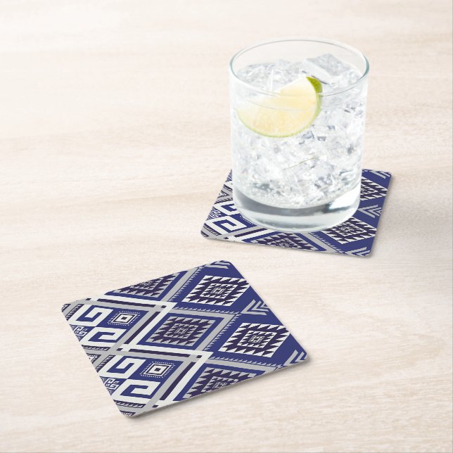 Navy Blue Tribal Motif Surface Pattern Square Paper Coaster (Insitu)