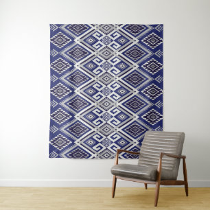 Navy Blue Tribal Motif Surface Pattern Tapestry
