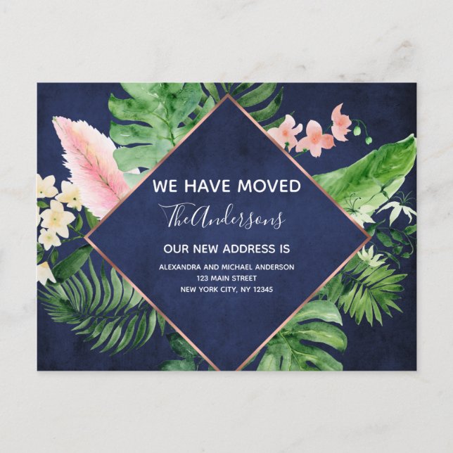 Navy Blue Tropical Floral Moving Announcement (Front)