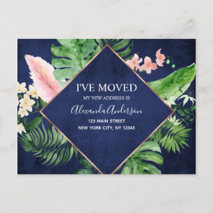 Navy Blue Tropical Floral Moving Announcement Postcard