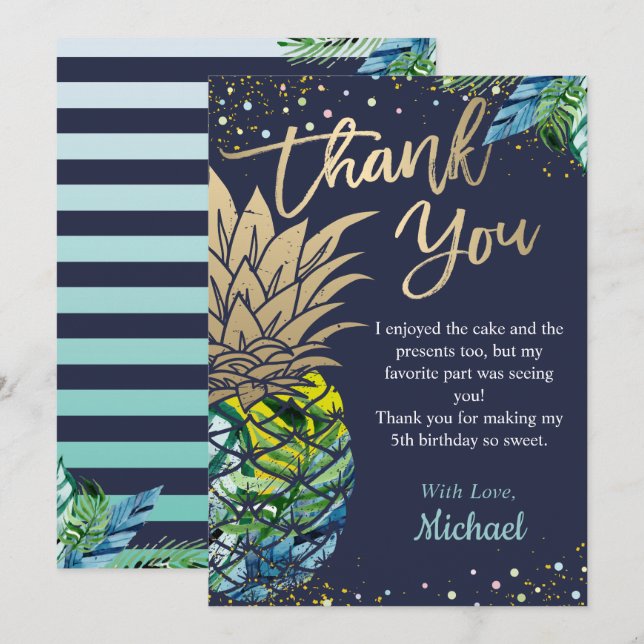 Navy Blue Tropical Luau Pineapple Beach Party Thank You Card (Front/Back)