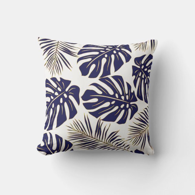 Navy blue tropical monstera leaves pattern cushion (Front)