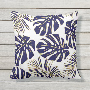 Navy blue tropical monstera leaves pattern cushion