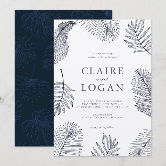 Navy Blue Tropical Palm Tree Leaves Wedding Invitation (Front/Back)
