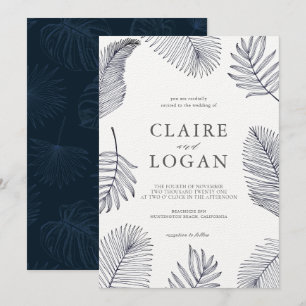 Navy Blue Tropical Palm Tree Leaves Wedding Invitation