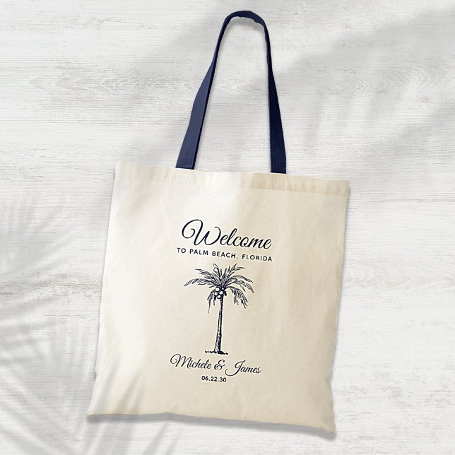 Navy Blue Tropical Palm Tree Wedding Welcome Tote Bag (Creator Uploaded)