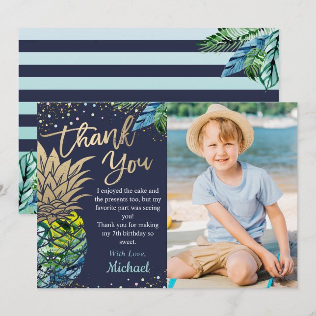 Navy Blue Tropical Pineapple Beach Party  Photo Thank You Card (Front/Back)