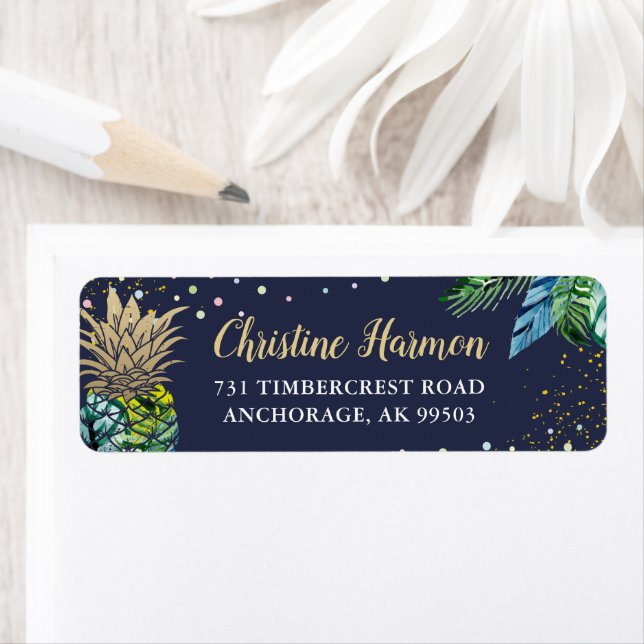 Navy Blue Tropical Pineapple Beach Return Address (Insitu)