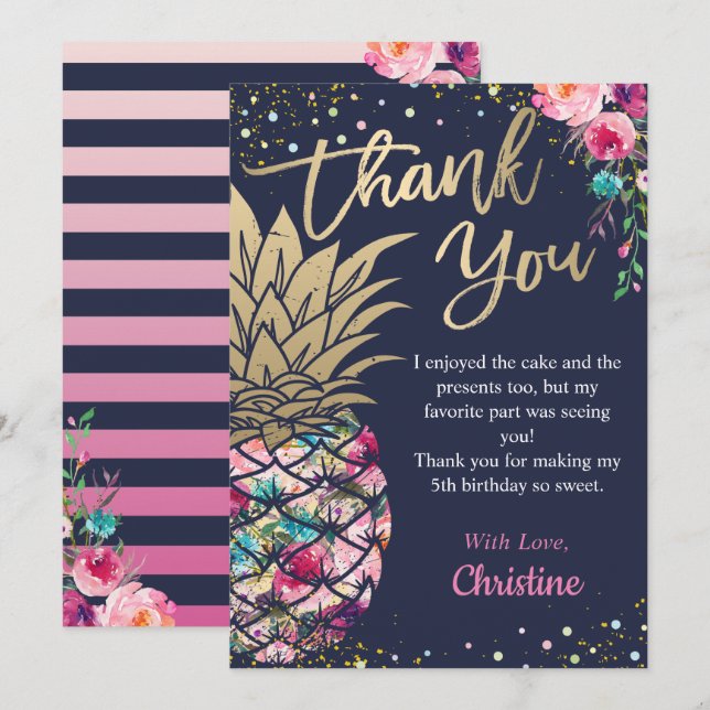 Navy Blue Tropical Pink Gold Pineapple Floral  Thank You Card (Front/Back)