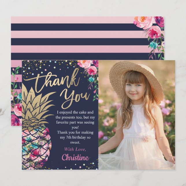Navy Blue Tropical Pink Gold Pineapple Photo Thank You Card (Front/Back)