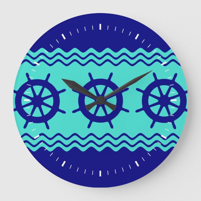 Navy Blue Turquoise Helm Stripe Large Clock (Front)