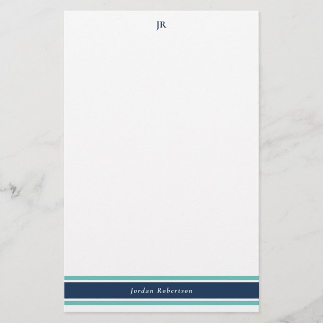 Navy Blue Turquoise Monogrammed Stationery (Front)