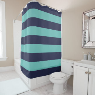 Navy Blue Turquoise Rugby Stripes Shower Curtain