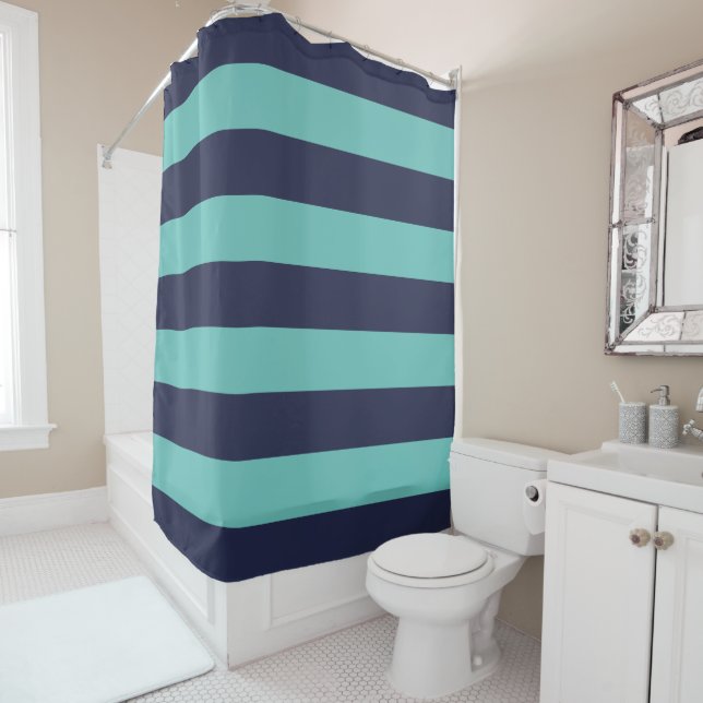 Navy Blue Turquoise Rugby Stripes Shower Curtain (In Situ)