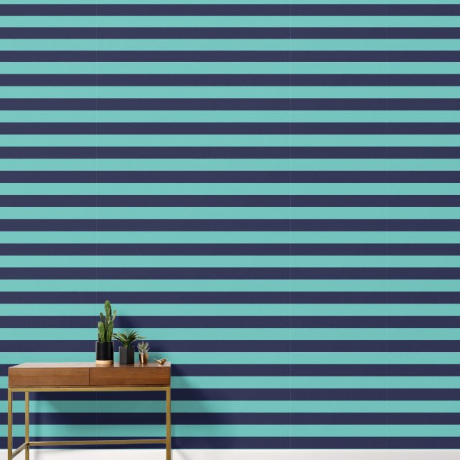 Navy Blue Turquoise Rugby Stripes Wallpaper (Hallway)