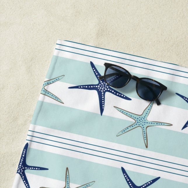 Navy Blue Turquoise Star Fish Striped Monogrammed Beach Towel (In Situ)