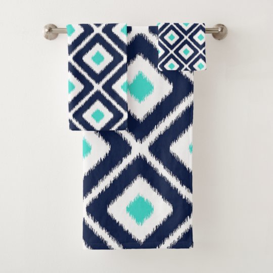 Navy Blue, Turquoise, White Ikat Diamond Bath Towel Set Zazzle.co.uk