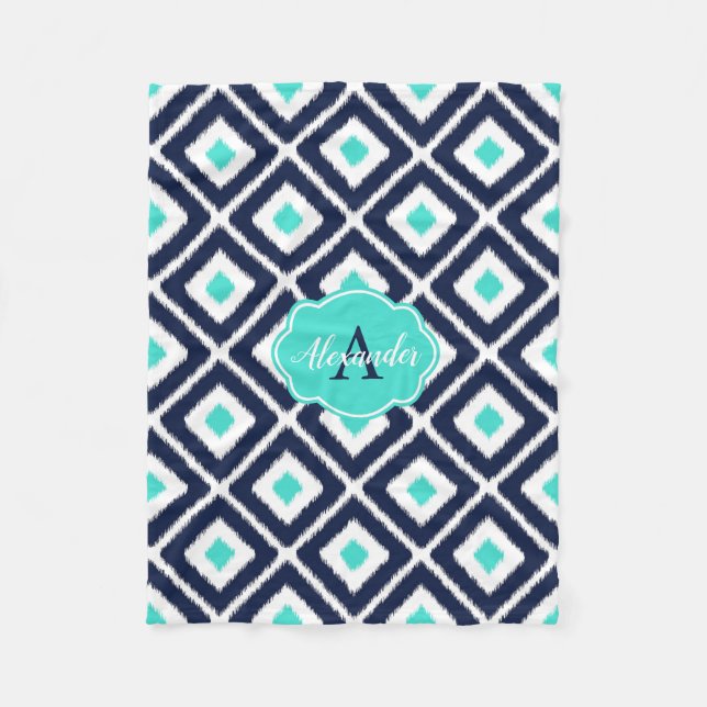 Navy Blue, Turquoise, White Ikat Diamond Fleece Blanket (Front)