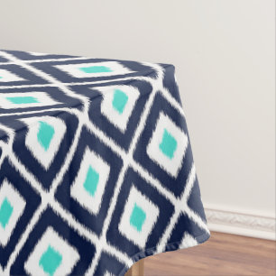 Navy Blue, Turquoise, White Ikat Diamond Tablecloth