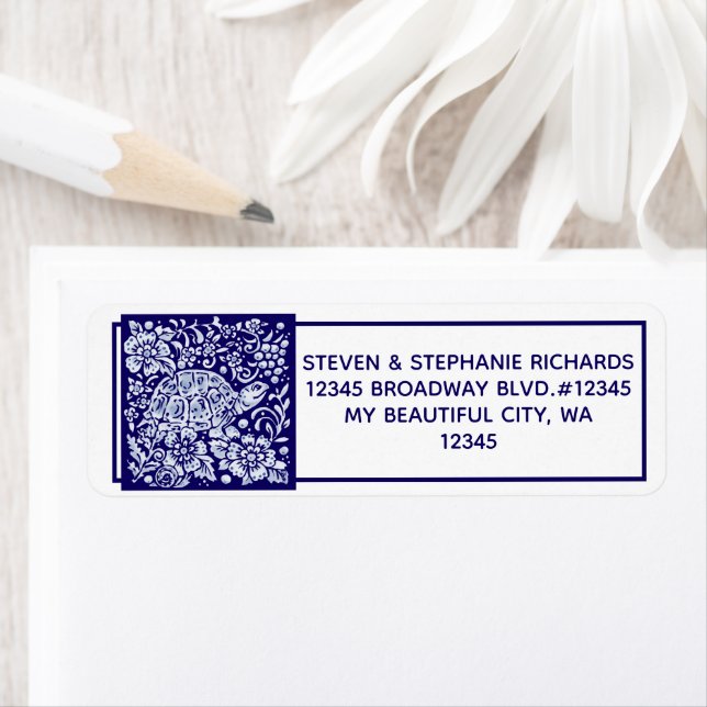 Navy Blue Turtle Garden Floral Snail Cute Delft (Insitu)