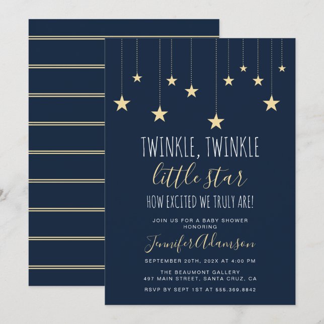 Navy Blue Twinkle Little Star Baby Shower Invitation (Front/Back)