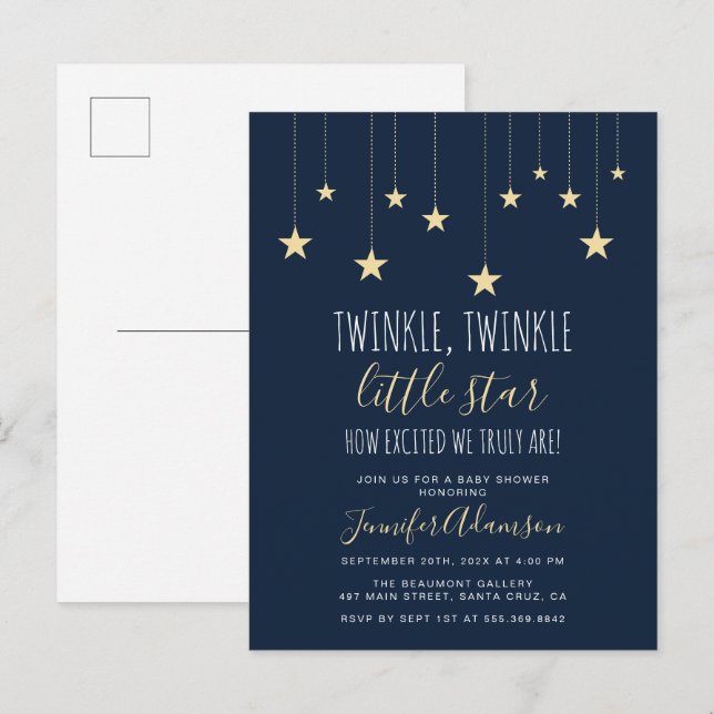 Navy Blue Twinkle Little Star Baby Shower Invitation Postcard (Front/Back)