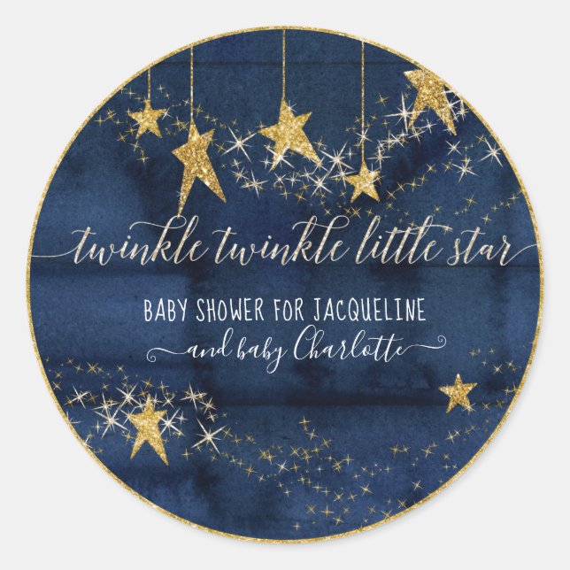 Navy Blue Twinkle Little Star Gold Baby Boy Shower Classic Round Sticker (Front)