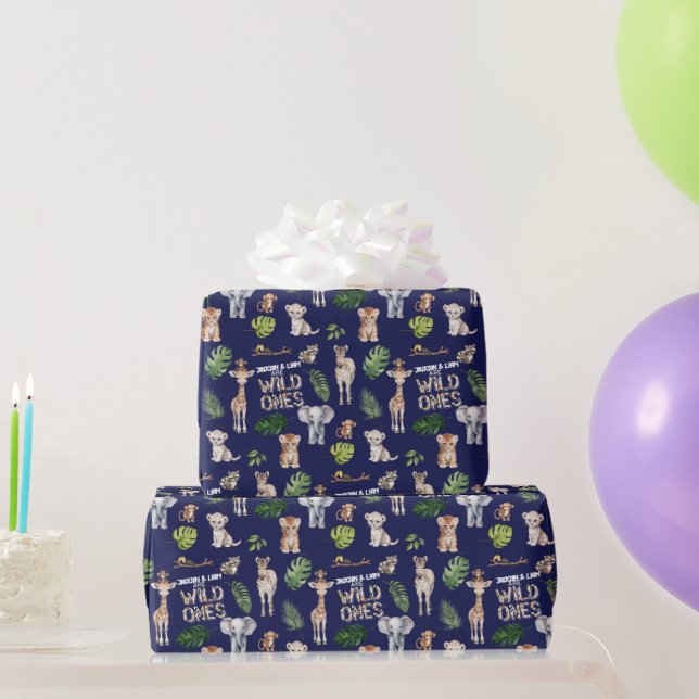 Navy Blue Twins Jungle Animals Boy 1st birthday. Wrapping Paper (Party Gifts)