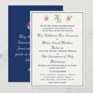 Navy-Blue Two Hearts Catholic Wedding  Invitation