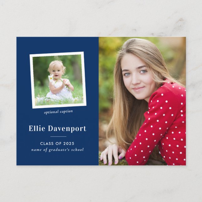 Navy Blue Two Photo Graduation Party Postcard (Front)