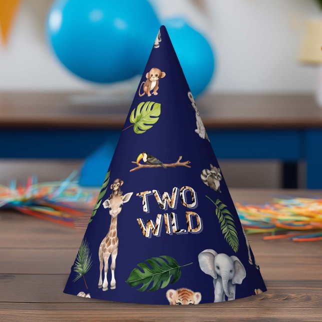 Navy Blue Two Wild Safari Jungle 2nd birthday Party Hat (Navy Blue,Two Wild Jungle Animals Themed Birthday Party Hat.)