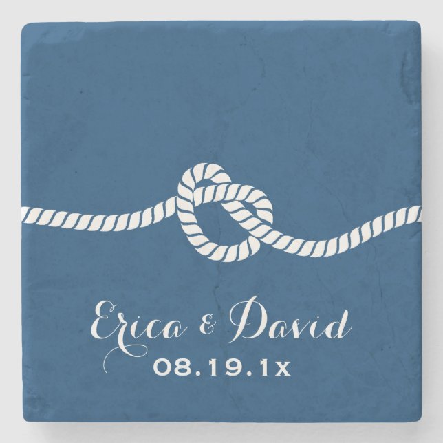 Navy Blue Tying the Knot Nautical Wedding Stone Coaster (Front)