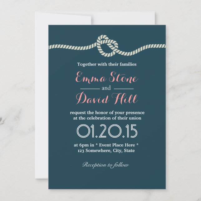 Navy Blue Tying the Knot Wedding Invitations (Front)