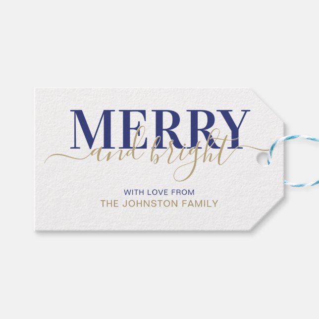 Navy blue typography merry and bright Christmas Gift Tags (Front (Horizontal))