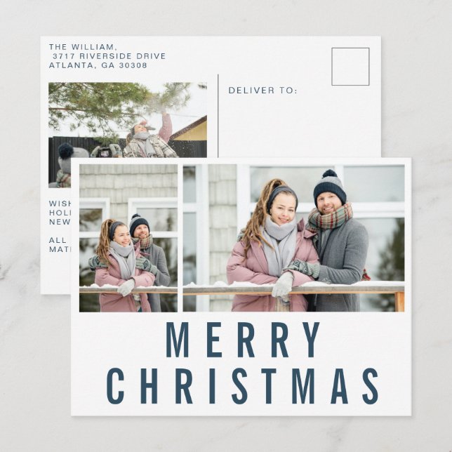 Navy Blue Typography Merry Christmas Photo Collage Postcard (Front/Back)