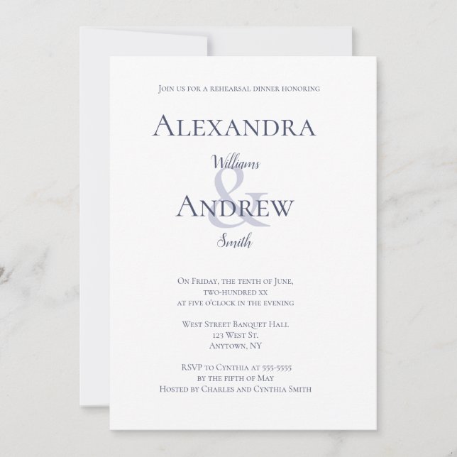 Navy blue typography rehearsal dinner invitations (Front)