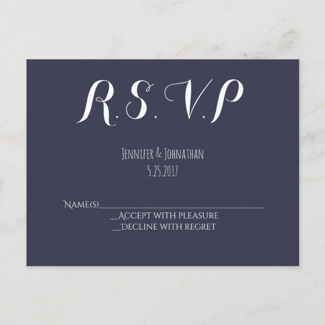 Navy blue typography wedding RSVP postcards (Front)