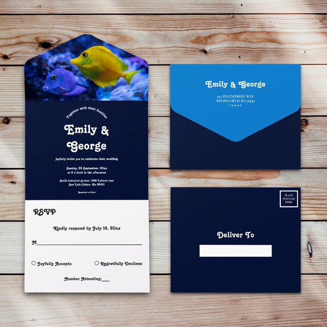Navy Blue Under The Sea Fish Summer Wedding All In One Invitation (Creator Uploaded)