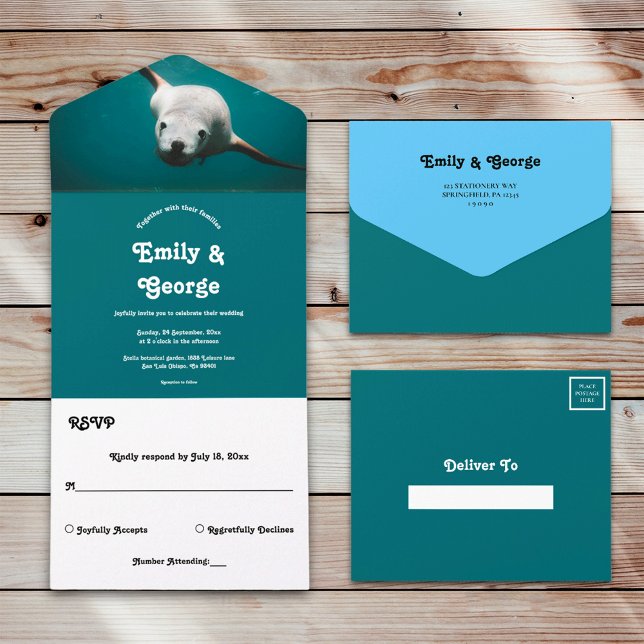 Navy Blue Underwater Sea Lion Coastal Wedding All In One Invitation (Creator Uploaded)