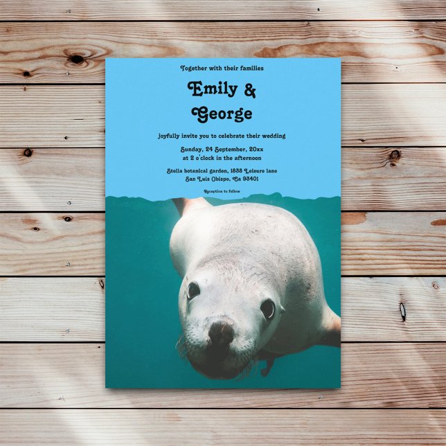 Navy Blue Underwater Sea Lion Teal Coastal Wedding Invitation (Creator Uploaded)