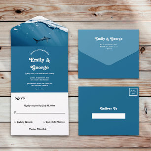 Navy Blue Underwater Shark Nautical Beach Wedding All In One Invitation